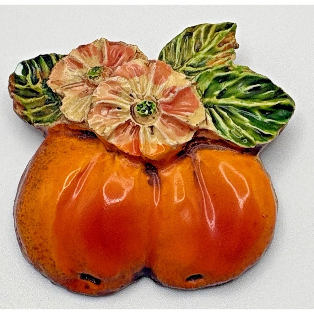 Vintage West Germany Brooch Peaches Fruit Hand Painted Orange Flowers READ
